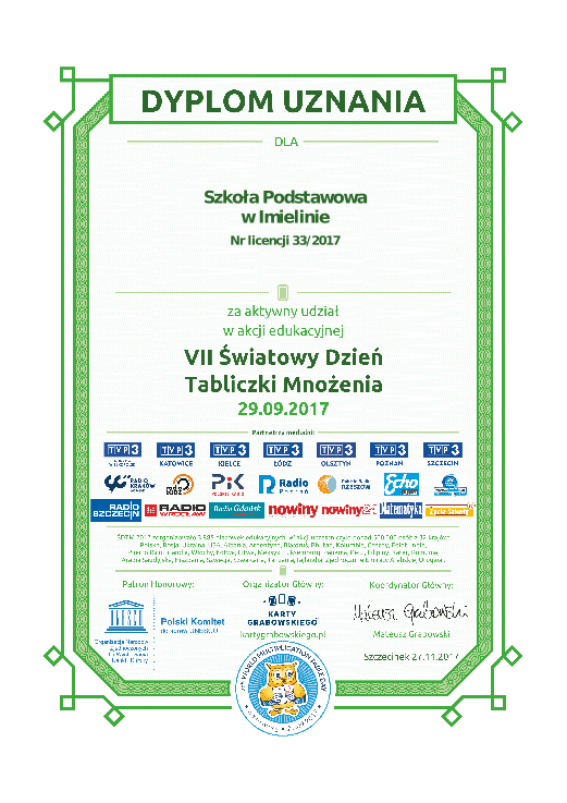 Dyplom uznania VII Światowy dzień tabliczki mnożenia