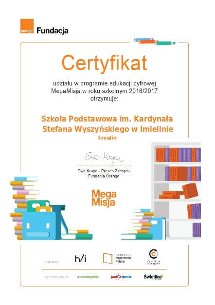 Certyfikat udziału w programie edukacja cyfrowa MegaMisja 2016/2017